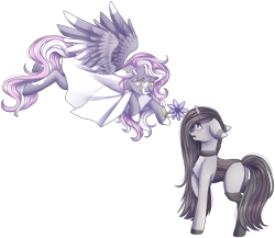 Size: 2165x1875 | Tagged: safe, artist:shiromidorii, oc, oc only, species:pegasus, species:pony, species:unicorn, clothing, corset, dress, female, flower, mare, simple background, socks, transparent background