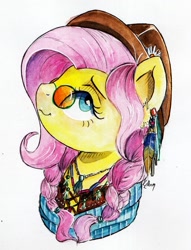 Size: 1024x1339 | Tagged: safe, artist:lailyren, artist:moonlight-ki, character:fluttershy, species:pony, bust, clothing, ear piercing, earring, female, hat, hippieshy, jewelry, necklace, piercing, portrait, smiling, solo, sunglasses