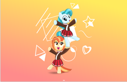 Size: 6458x4167 | Tagged: safe, artist:potato22, character:lighthoof, character:shimmy shake, species:earth pony, species:pony, abstract background, bipedal, cheerleader, cheerleader outfit, clothing, cute, duo, female, gradient background, mare, pleated skirt, ponytail, skirt, wallpaper