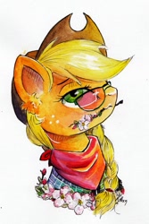 Size: 731x1092 | Tagged: safe, artist:lailyren, artist:moonlight-ki, character:applejack, species:pony, clothing, female, flower, glasses, hat, scarf, solo, traditional art
