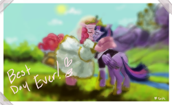 Size: 2408x1473 | Tagged: safe, artist:misstwipietwins, character:pinkie pie, character:twilight sparkle, character:twilight sparkle (alicorn), species:alicorn, species:pony, ship:twinkie, female, lesbian, marriage, married couple, shipping, story included