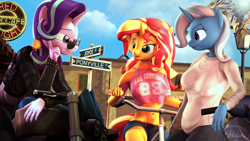 Size: 3840x2160 | Tagged: safe, artist:whiteskyline, character:starlight glimmer, character:sunset shimmer, character:trixie, species:anthro, species:human, species:pony, species:unicorn, 3d, bicycle, group, source filmmaker