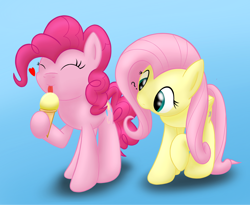 Size: 2802x2302 | Tagged: safe, artist:bladedragoon7575, character:fluttershy, character:pinkie pie, species:earth pony, species:pegasus, species:pony, cute, duo, eyes closed, female, food, gradient background, head tilt, heart, hoof hold, ice cream, licking, mare, raised leg, tongue out