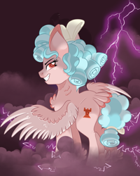 Size: 1200x1500 | Tagged: safe, artist:itstaylor-made, character:cozy glow, species:pegasus, species:pony, chest fluff, colored pupils, cozy glutes, female, lightning, neck fluff, older, older cozy glow, pure concentrated unfiltered evil of the utmost potency, pure unfiltered evil, smiling, solo, spread wings, tail feathers, two toned wings, wings