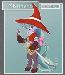 Size: 1688x1950 | Tagged: safe, artist:brownie-bytes, character:mistmane, species:anthro, species:unguligrade anthro, clothing, crossover, fantasy class, final fantasy, hat, mistmane's flower, rapier, red mage, solo, sword, weapon