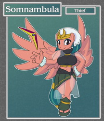 Size: 1688x1950 | Tagged: safe, artist:brownie-bytes, character:somnambula, species:anthro, species:unguligrade anthro, g4, beautiful, belly button, boomerang, breasts, busty somnambula, clothing, cute, fantasy class, female, final fantasy, midriff, skirt, solo, somnambetes, story in the source, thief, thighs
