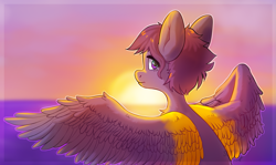 Size: 2001x1192 | Tagged: safe, artist:sugarstar, oc, oc only, oc:vee ness, species:pegasus, species:pony, looking at you, looking back, looking back at you, solo, spread wings, sunset, two toned wings, wings