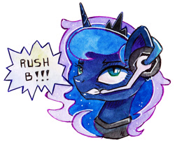 Size: 1024x834 | Tagged: safe, artist:lailyren, artist:moonlight-ki, character:princess luna, species:pony, gamer luna, counter-strike, dialogue, female, headset, rush b, signature, simple background, solo, speech bubble, traditional art, white background