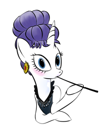 Size: 926x1156 | Tagged: safe, artist:rubrony, character:rarity, alternate hairstyle, audrey hepburn, blushing, breakfast at tiffany's, cigarette, cigarette holder, clothing, dress, female, hilarious in hindsight, holly golightly, parody, solo