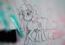 Size: 2831x1988 | Tagged: safe, artist:perezadotarts, character:pinkie pie, species:earth pony, species:pony, blurry, cutie mark, female, lineart, looking at you, paper, pencil, photo, sketch, smiling, solo