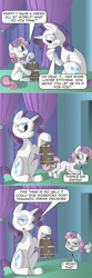 Size: 800x2404 | Tagged: safe, artist:crispokefan, character:rarity, character:sweetie belle, species:pony, species:unicorn, ask pun, ask, clothes hanger, clothing, dexterous hooves, dialogue, dress, female, hoof hold, long neck, pun, siblings, sisters, speech bubble, stretching