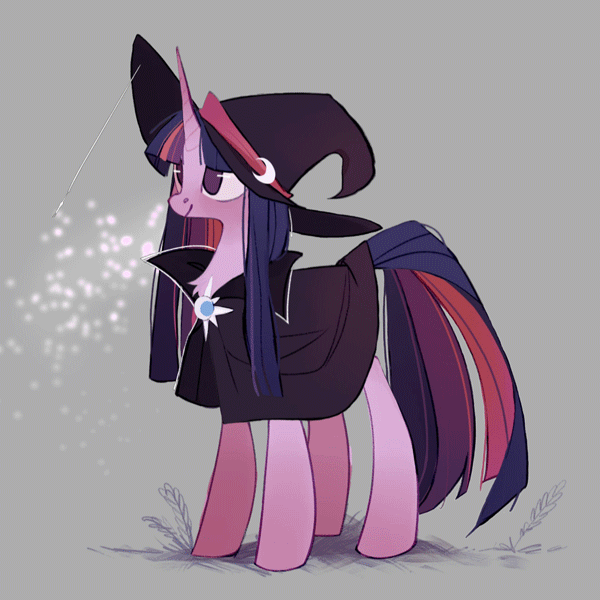 Size: 600x600 | Tagged: safe, artist:angrygem, artist:frgtmenot_mind, artist:szafir87, character:twilight sparkle, character:twilight sparkle (unicorn), species:pony, species:unicorn, animated, cape, chest fluff, clothing, cute, female, gif, gray background, hat, mare, simple background, solo, twiabetes, witch hat