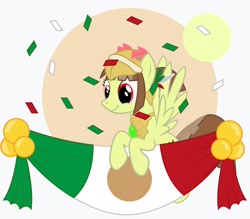 Size: 1418x1241 | Tagged: safe, artist:wheatley r.h., derpibooru original, oc, oc only, oc:tailcoatl, species:pegasus, species:pony, nation ponies, confetti, female, flag, mare, mexican, mexican flag, mexican independence day, mexico, pegasus wings, ponified, red eyes, september 16th, simple background, smiling, solo, spread wings, vector, wings