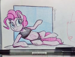 Size: 2394x1826 | Tagged: safe, artist:perezadotarts, character:pinkie pie, species:earth pony, species:pony, bikini, black underwear, blue background, blue eyes, clothing, drawing, eyelashes, female, paper, photo, simple background, solo, swimsuit, traditional art, underwear