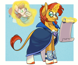 Size: 1200x1000 | Tagged: safe, artist:itstaylor-made, character:princess flurry heart, character:sunburst, species:alicorn, species:pony, species:unicorn, baby bottle, babysitting, blue background, bottle, cape, clothing, colored pupils, duo, female, filly, foal, glasses, glowing horn, horn, levitation, magic, male, scroll, simple background, stallion, swaddling, telekinesis, uncle sunburst
