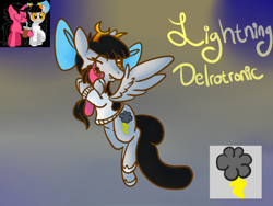 Size: 1400x1050 | Tagged: safe, artist:cotton, oc, oc only, oc:lightning dee, oc:windows, species:pegasus, species:pony, abstract background, bow, clothing, female, flying, gradient background, homestuck, mare, plushie, shoes, solo, spread wings, sweater, wings