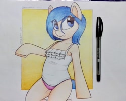 Size: 2278x1836 | Tagged: safe, artist:perezadotarts, oc, species:earth pony, species:pony, blue eyes, clothing, drawing, female, hair, mare, panties, paper, photo, pink underwear, semi-anthro, simple background, smiling, solo, traditional art, underwear