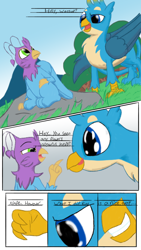 Size: 1080x1920 | Tagged: safe, artist:mrleft, character:gallus, oc, oc:gyro feather, oc:gyro tech, species:griffon, comic, dialogue, griffonized, imminent vore, male, species swap