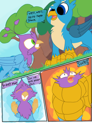 Size: 768x1024 | Tagged: safe, artist:mrleft, character:gallus, oc, oc:gyro feather, oc:gyro tech, species:griffon, dialogue, griffonized, imminent vore, male, species swap