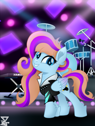 Size: 1780x2343 | Tagged: safe, artist:theretroart88, oc, oc only, oc:bittersweet, species:pegasus, species:pony, 80s, clothing, concert, cutie mark, drum kit, drums, female, mare, microphone, movie accurate, musical instrument, smiling, solo, stage, yamaha