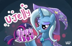 Size: 855x550 | Tagged: safe, artist:don-ko, character:trixie, character:twilight sparkle, species:pony, species:unicorn, episode:boast busters, g4, my little pony: friendship is magic, duo, duo female, female, food transformation, inanimate tf, jellight sparkle, jello, jelly, mare, photoshop, pure unfiltered evil, transformation, twilight sparkelley, wat