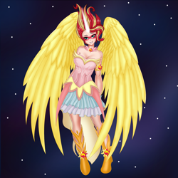 Size: 2835x2835 | Tagged: safe, artist:anonix123, character:daydream shimmer, character:sunset shimmer, species:human, my little pony:equestria girls, angel, beautiful, breasts, busty sunset shimmer, cleavage, clothing, cute, daydream shimmer, dress, female, fingerless gloves, gloves, glowing horn, high res, horn, human coloration, humanized, looking at you, night, skirt, smiling, solo, stars, wings