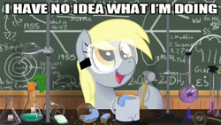 Size: 640x360 | Tagged: safe, artist:zicygomar, character:derpy hooves, character:princess luna, character:smooze, species:pegasus, species:pony, g1, algebra, beaker, bunsen burner, buzzbomber, carrot, chalkboard, crossover, derp, donut, equation, female, filly, flask, goggles, hammer, hoof hold, i have no idea what i'm doing, image macro, lab, math, muffin, mug, open mouth, science, smiling, sonic the hedgehog (series), this will end in science, this will not end well, timeline, waspinator, woona, woonoggles, younger