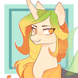 Size: 1500x1500 | Tagged: safe, artist:waackery, oc, oc:motyl, species:changeling, species:reformed changeling, bust, changedling oc, changeling oc, colored, female, looking at you, smiley face, smiling, smug, tufts