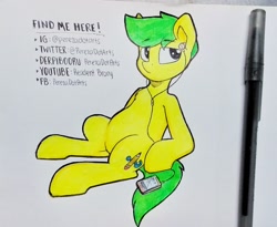 Size: 2199x1807 | Tagged: safe, artist:perezadotarts, oc, oc:pen sketchy, species:earth pony, species:pony, cutie mark, drawing, pencil, phone, photo, simple background, sitting, solo, text, traditional art, yellow