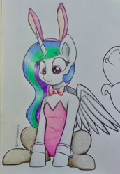Size: 1737x2532 | Tagged: safe, artist:perezadotarts, character:pinkie pie, character:princess celestia, species:alicorn, species:pony, adorasexy, bow tie, bunny ears, bunny suit, bunnylestia, clothing, colored, cuffs (clothes), cute, drawing, female, fishnets, leotard, mare, pantyhose, paper, photo, playboy bunny, sexy, sitting, solo, solo focus, tongue out, traditional art, wings