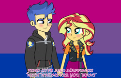 Size: 1269x824 | Tagged: safe, artist:chuyryu, character:flash sentry, character:sunset shimmer, ship:flashimmer, g4, my little pony: equestria girls, my little pony:equestria girls, bi sunset, bisexual, bisexual pride flag, female, geode of empathy, magical geodes, male, pride, shipping, straight