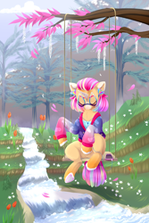 Size: 3000x4500 | Tagged: safe, artist:djkaskan, oc, oc only, species:pony, earbuds, flower, forest, leaves, music, phone, river, scenery, solo, swing, tree, tree branch