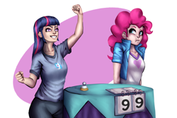 Size: 3000x2000 | Tagged: safe, artist:brother-lionheart, character:dj pon-3, character:pinkie pie, character:twilight sparkle, character:vinyl scratch, species:human, episode:a trivial pursuit, g4, my little pony: friendship is magic, my little pony:equestria girls, abstract background, equestria girls interpretation, human coloration, insanity, scene interpretation, twilight snapple, twilynanas