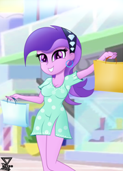 Size: 1900x2638 | Tagged: safe, artist:theretroart88, character:amethyst star, character:sparkler, my little pony:equestria girls, 80s, breasts, clothing, digital art, female, grin, shopping, smiling, solo