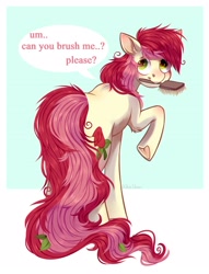 Size: 1648x2160 | Tagged: safe, artist:djkaskan, character:roseluck, species:earth pony, species:pony, collar, cute, dialogue, female, fluffy, hairbrush, looking at you, looking back, looking back at you, mare, messy mane, messy tail, mouth hold, pony pet, raised hoof, rear view, rosepet, solo, speech bubble, text