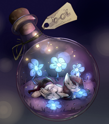 Size: 1280x1456 | Tagged: safe, artist:lonerdemiurge_nail, oc, oc only, species:pegasus, species:pony, bottle, cute, flower, glow, micro, pony in a bottle, solo, tiny, tiny ponies, ych result