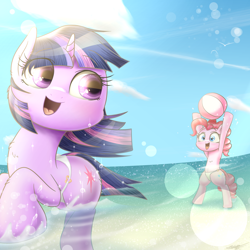 Size: 1900x1900 | Tagged: safe, artist:phoenixrk49, character:pinkie pie, character:twilight sparkle, beach, beach ball, belly button, clothing, open mouth, semi-anthro, swimsuit
