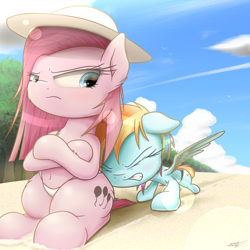 Size: 1900x1900 | Tagged: safe, artist:phoenixrk49, character:pinkamena diane pie, character:pinkie pie, character:rainbow dash, species:earth pony, species:pegasus, species:pony, altered cutie mark, beach, clothing, crossed arms, eyes closed, female, frown, hat, mare, pushing, sun hat, swimsuit