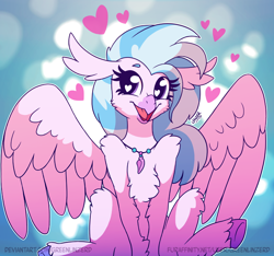 Size: 1280x1200 | Tagged: safe, artist:greenlinzerd, character:silverstream, species:classical hippogriff, species:hippogriff, beautiful, colored hooves, cute, diastreamies, female, fluffy, heart, heart eyes, human shoulders, jewelry, looking at you, looking away, necklace, sitting, smiling, solo, spread wings, unshorn fetlocks, wingding eyes, wings