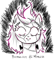 Size: 3016x3392 | Tagged: safe, artist:coco-drillo, character:pinkie pie, species:earth pony, species:pony, inktober, alternate hairstyle, female, frankenstein's monster, inktober 2019, monster, monster pony, pinktober, scar, solo, stitches, white eyes