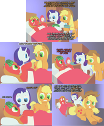 Size: 2002x2404 | Tagged: safe, artist:crispokefan, character:applejack, character:rarity, oc, oc:pun, species:earth pony, species:pony, species:unicorn, ask pun, ask, bed, clock, clothing, comic, cowboy hat, female, food, gradient background, hat, mare, sick, soup, thermometer, underhoof