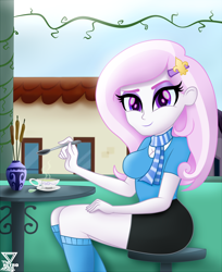 Size: 2600x3194 | Tagged: safe, artist:theretroart88, character:fleur-de-lis, my little pony:equestria girls, beautiful, breasts, busty fleur-de-lis, cafe, cleavage, clothing, cup, female, food, high res, legs, looking at you, miniskirt, scarf, sitting, skirt, socks, solo, spoon, stool, tea, thighs, woman