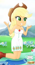 Size: 517x967 | Tagged: safe, artist:theretroart88, edit, editor:thomasfan45, character:applejack, g4, my little pony: equestria girls, my little pony:equestria girls, spoiler:eqg series (season 2), applejack's hat, bare arms, beautiful, clothing, cowboy hat, cropped, cup, cute, discarded clothing, dress, female, field, food, grass, happy, hat, jackabetes, kneeling, legs, picnic, picnic blanket, sandwich, sexy, smiling, solo, tea, teacup