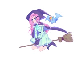Size: 1020x850 | Tagged: safe, artist:laochi777, character:fluttershy, character:rainbow dash, ship:flutterdash, my little pony:equestria girls, broom, clothing, female, flying, flying broomstick, hat, lesbian, shipping, witch hat