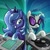 Size: 600x600 | Tagged: safe, artist:don-ko, character:dj pon-3, character:princess luna, character:vinyl scratch, species:alicorn, species:pony, species:unicorn, g4, colored pupils, cute, duo, duo female, female, hoof shoes, lunabetes, mare, photoshop, s1 luna, smiling, turntable, vinylbetes