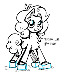 Size: 2984x3552 | Tagged: safe, artist:coco-drillo, character:pinkie pie, species:earth pony, species:pony, inktober, chest fluff, curly mane, cute, ear fluff, female, freeze, ice, ice cubes, ice skating, inktober 2019, monochrome, pinktober, silly, skating, solo, swirls, swirly mane