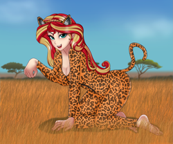 Size: 1701x1417 | Tagged: safe, artist:anonix123, character:sunset shimmer, species:human, animal costume, barefoot, bedroom eyes, big cat, bodysuit, breasts, busty sunset shimmer, catsuit, cleavage, clothing, costume, feet, female, field, humanized, leopard, looking at you, open mouth, scenery, solo, tree