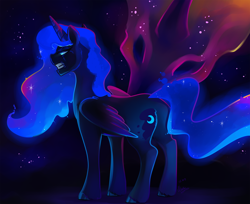 Size: 2300x1874 | Tagged: safe, artist:mylittlegodzilla, character:princess luna, character:tantabus, species:alicorn, species:pony, creature, female, from behind, glowing mane, magic, sad, solo