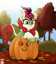 Size: 2800x3200 | Tagged: safe, artist:theretroart88, character:autumn blaze, species:kirin, awwtumn blaze, cute, female, leaf, looking at you, movie accurate, pumpkin, pun, quadrupedal, scenery, smiling, solo, tree, visual gag