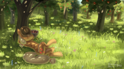 Size: 2555x1434 | Tagged: safe, artist:enderselyatdark, character:applejack, species:earth pony, species:pony, apple, apple orchard, apple tree, applejack's hat, armpits, clothing, cowboy hat, dappled sunlight, female, food, grass, hat, mare, on back, outdoors, resting, scenery, smiling, solo, straw in mouth, tree, under the tree